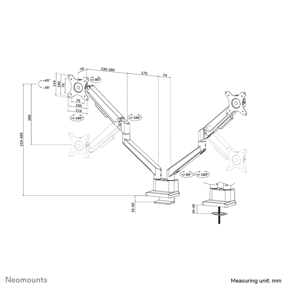 Neomounts DS70-250BL2 Monitorarm 17-32" - gasveer - Topfix - 180°-stop